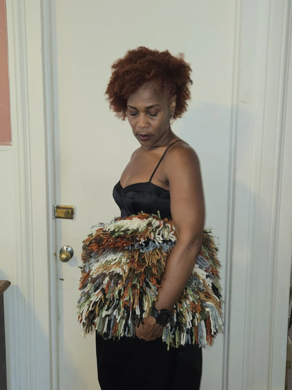 Multicolor Shag Fringe Clutch - Black, Green & Rust Tones